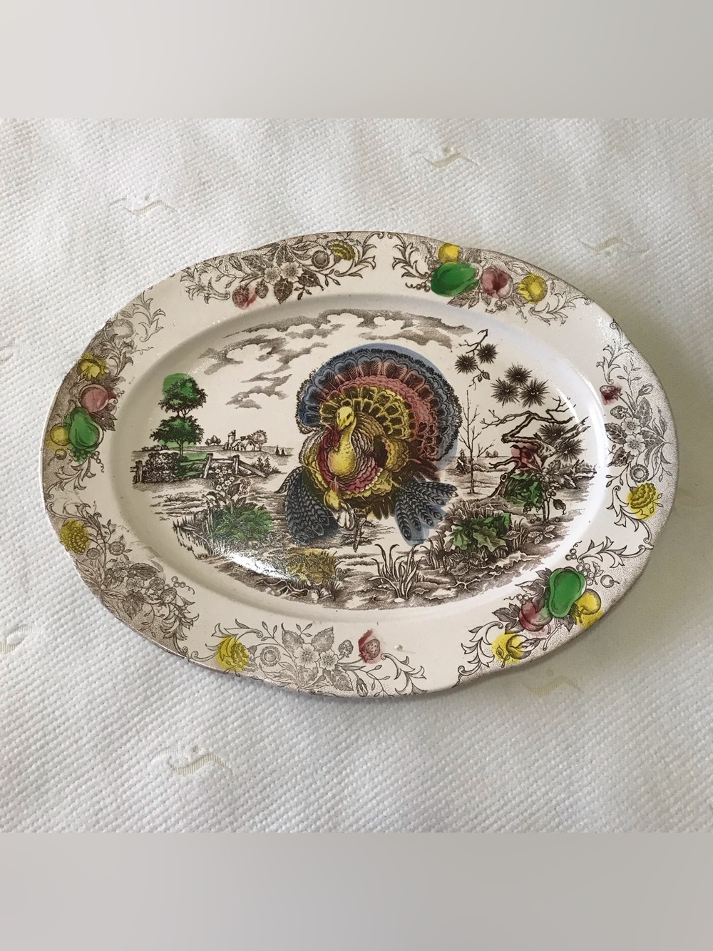 Vtg Japan Turkey Platter Transferware Oval Thanksgiving Serving Tray Harvest 18"